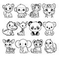 Black and White Cartoon Jungle Animals Royalty Free Stock Photo