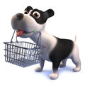 Black and white cartoon puppy dog in 3d holding a shopping basket in its mouth Royalty Free Stock Photo