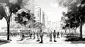 Black and white cartoon sketch of abstract city center with pedestrian zone, people, trees and buildings