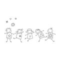 happy kids playing black and white cartoon sketch