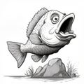 Aggressive Bass Fish Exploding: Cartoon Realism Line Drawing