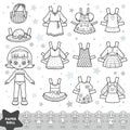 Black and white cartoon set, cute paper doll and set of summer clothes