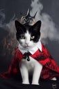 Cat Dressed Up in Red Cloak and Devil& x27;s Crown for Halloween Festive Party. Fire and Smoke background. Royalty Free Stock Photo