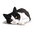 a black and white cat laying down on the ground looking at the camera with a sad look on its face and eyes, with a white Royalty Free Stock Photo