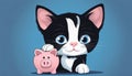 A black and white cat with a pink nose and blue eyes holding a piggy bank Royalty Free Stock Photo