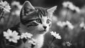 black and white cat portrait black and white photo Kitten and soft muted garden flowers Royalty Free Stock Photo