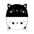 Black white cat set. Head face line contour silhouette round icon. Pink blush cheeks. Funny kawaii smiling animal. Cute cartoon