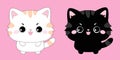 Black and white cat set. Head face silhouette icon. Kitten with big eyes. Cute cartoon funny baby character. Pet collection. Royalty Free Stock Photo