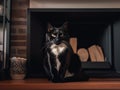 A black and white cat sitting in front of a fireplace. AI generative image. Royalty Free Stock Photo