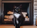 A black and white cat sitting in front of a fireplace. AI generative image. Royalty Free Stock Photo