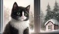 a black and white cat sitting in front of a window. generative ai Royalty Free Stock Photo