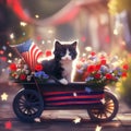 A black and white cat sitting in a wagon filled with flowers. Generative AI image.