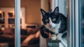 A black and white cat sitting on a window sill, AI Royalty Free Stock Photo