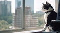 A black and white cat sitting on a window sill. Generative AI image. Royalty Free Stock Photo