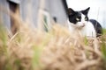 black and white cat stalking through tall grass near barn Royalty Free Stock Photo