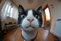 Black and white cat staring intensely at a fisheye lens in a home setting Royalty Free Stock Photo