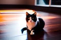 Black and white cat stretches its body on the top of wodden floor