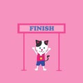 Black and white cat wear pink vest and blue shorts and golden medal on neck at finish line on pink background. Health and runner