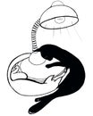 Black and white cats lie in the form of a yin-yang symbol under the warm light of a table lamp Royalty Free Stock Photo