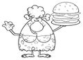 Black And White Cave Woman Cartoo n Mascot Character Holding A Big Burger And GesturingOk