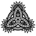 Ornamented contour black and white celtic pagan symbol triquetra with abstract flowers