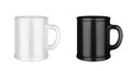 Black and white ceramic cups set white background isolated closeup, 2 mugs with handle, blank drinking glasses, beverage, ceramics Royalty Free Stock Photo