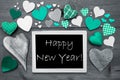 Black And White Chalkbord, Many Green Hearts, Happy New Year