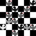 Black and white checkerboard seamless patternt with small pixel dragons.