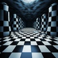 Eerily Realistic Checkered Hallway With Black And White Pillars