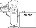 Black And White Chef Sausage Carrying A Hot Dog, French Fries And Cola Next To Menu Board