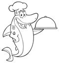 Black And White Chef Shark Cartoon Mascot Character Holding A Platter