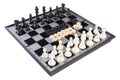 Black and white chess and checkers on a black and gray chessboard, on a white background, isolate