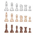 Black and white chess game pieces, figures. Logical tactical turn-based game, chess tournament, sport game, hobby and