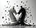 Black, white chess knights collide with intense impact. Debris explodes around in dynamic battle. Game pieces symbolize abstract Royalty Free Stock Photo
