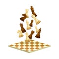 Black and White Chess Piece or Chessman Floating Above Checkered Chessboard Vector Illustration