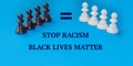 Black and white chess pieces on a blue background. The inscription Stop racism. Black lives matter