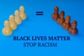 Black and white chess pieces on a blue background. The inscription Stop racism. Black lives matter