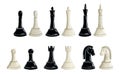 Black and white chess pieces full illustration set. Realistic watercolor clipart of king queen knight rook bishop pawn Royalty Free Stock Photo