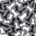 Black and white chess pieces seamless gray pattern