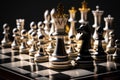 Black and white chess set on checkered chess board with gold and silver pieces. Generative AI Royalty Free Stock Photo