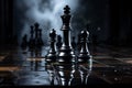 Black and white chess set on chess board with dark background. Generative AI Royalty Free Stock Photo