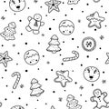 Black and white Christmas cookies seamless pattern. Vector gingerbread print, winter holiday pastry