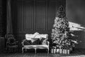 Black and white, Christmas tree in royal interior. New Year`s Living Room with antique stylish white sofa with luxurious golden Royalty Free Stock Photo