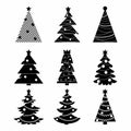 Black and white christmas trees collection. Set of vector Christmas trees icons on a white background Royalty Free Stock Photo