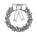 Black and white Christmas wreath with bow, hand drawn illustraiton