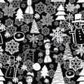 Black and white Christmass repeating pattern with snowman, snowflakes, snow, chsistmas tree, anis.