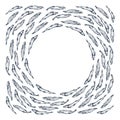 Black and white circular composition of smelt fish swimming around with round empty space in the centre - for typing, cover or Royalty Free Stock Photo