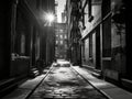 Black and white of a city alleyway