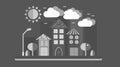 Black and white city landscape in flat style. The city with houses with sloping roof and various beautiful tiles with a lantern su