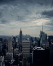 Black and white cityscape of New York Downtown Manhatten skyscrapers with cloudy sky